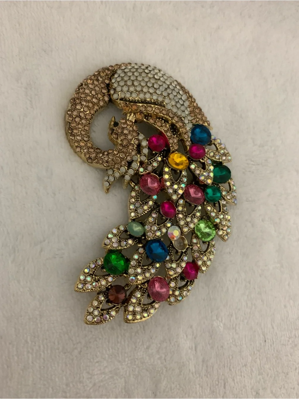 Multicolor Crystal Peacock Feather Brooch - Gold Tone